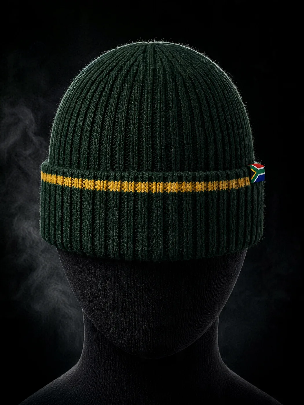 The Mzansi Beanie — green & gold ribbed knit with SA flag flash