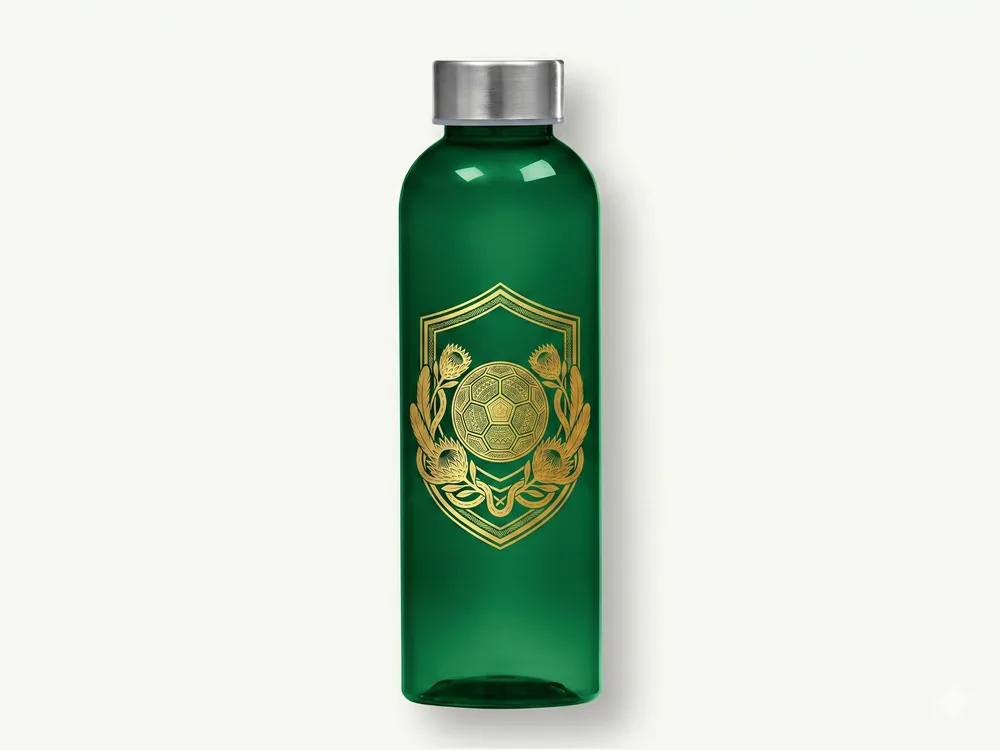 Translucent green water bottle with gold Bafana Vault badge