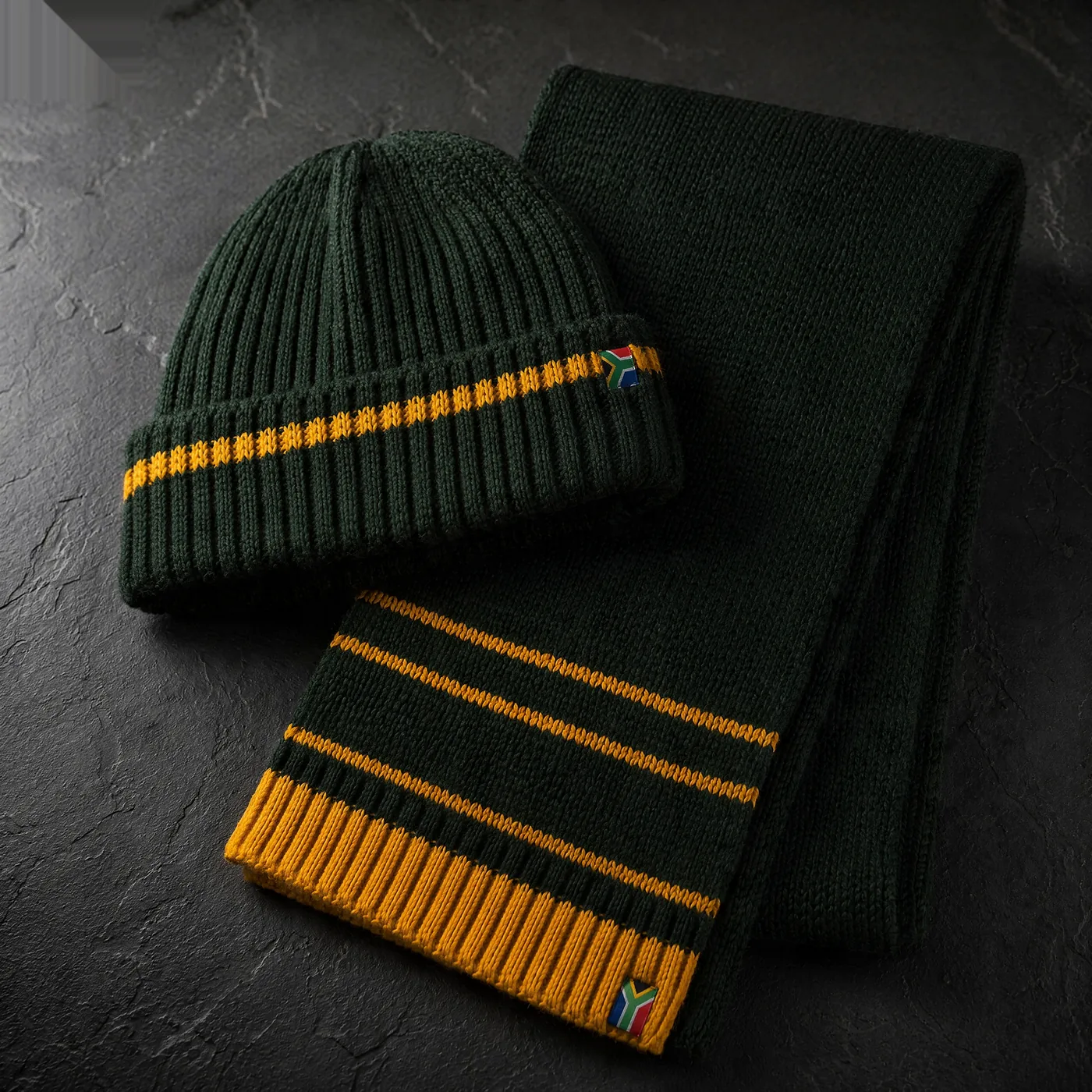 The Mzansi Combo — scarf & beanie in green & gold with the SA flag flash