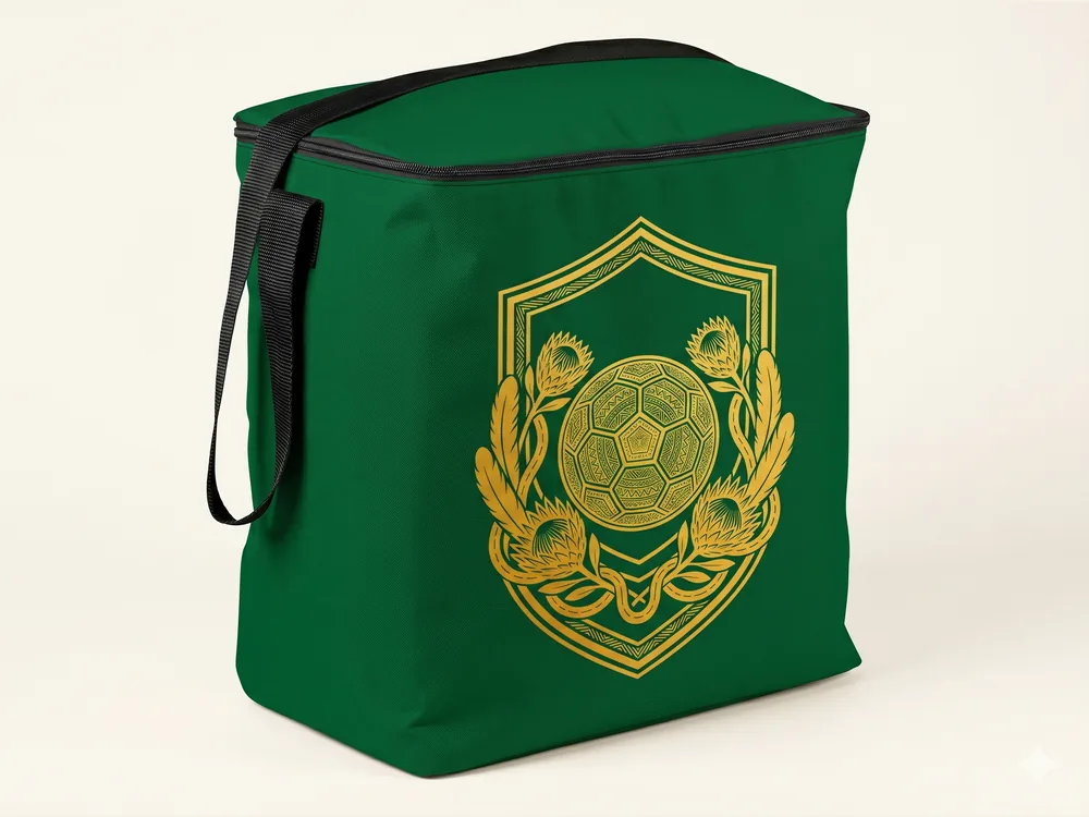 Green matchday cooler bag with gold Bafana Vault crest