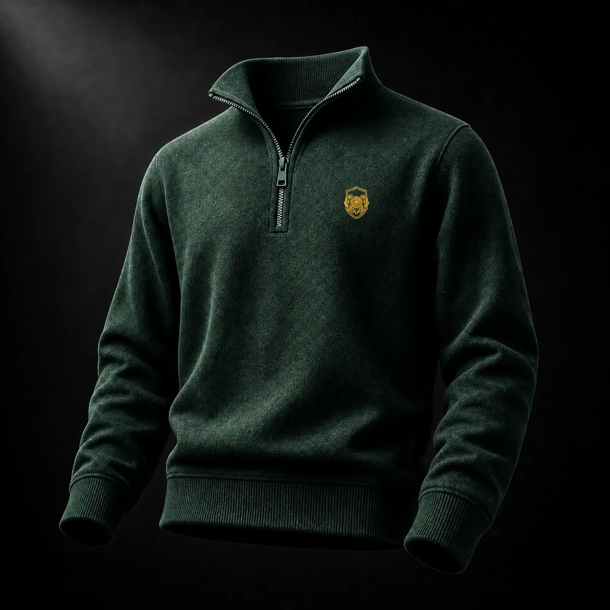 The Matchday Sweater in Stadium Green with embroidered gold crest.