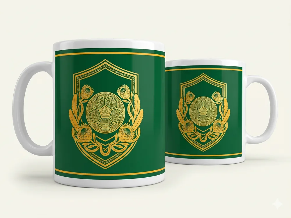 White ceramic mug with green and gold Bafana Vault wrap design