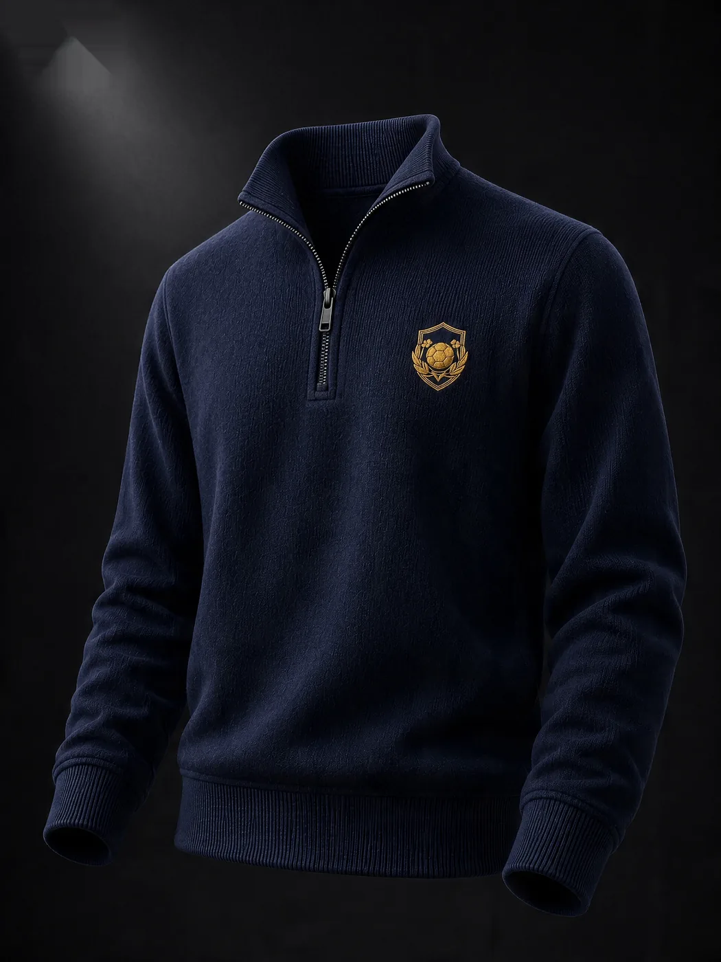 The Matchday Quarter-Zip in Navy with embroidered gold crest.