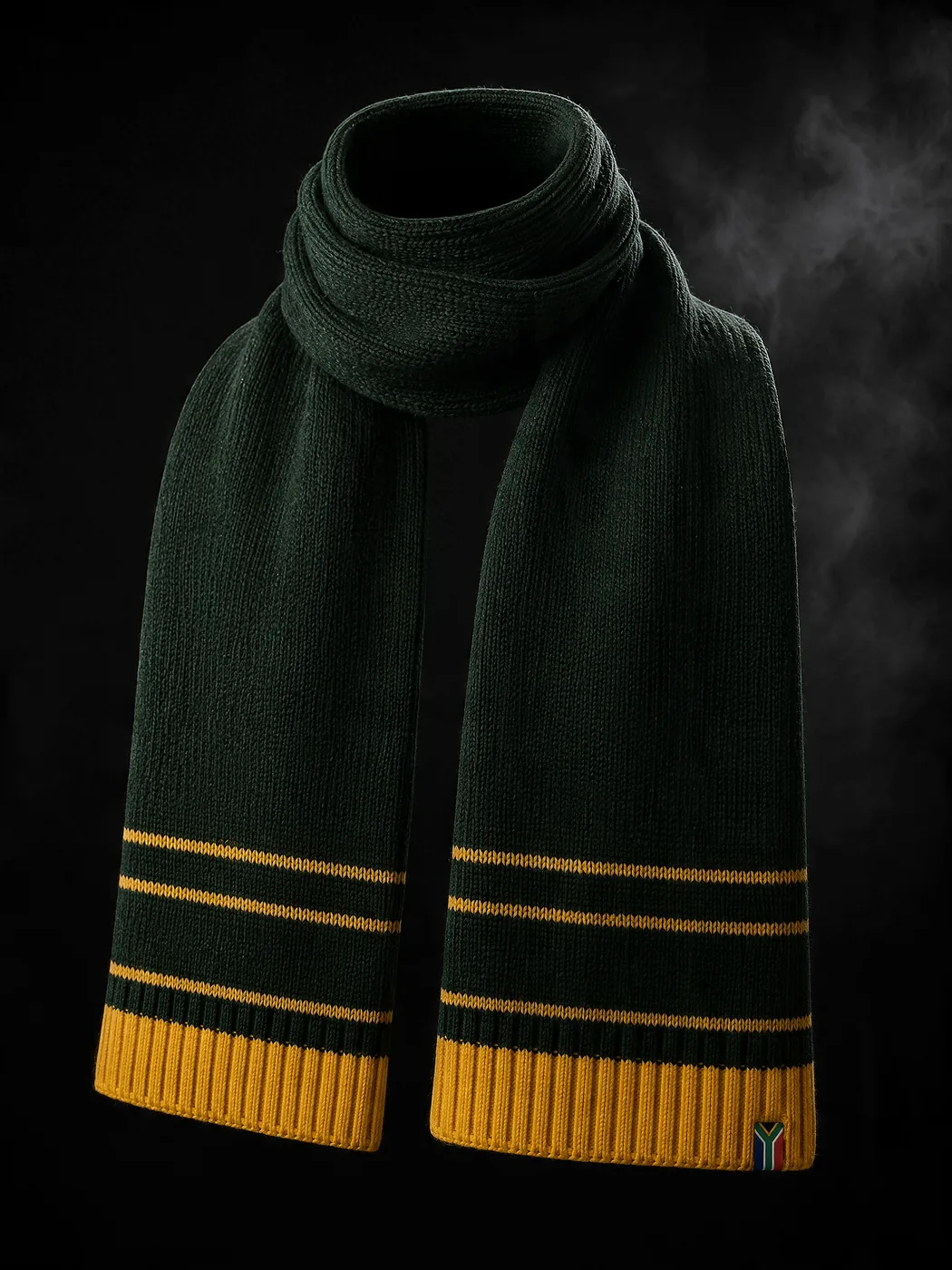The Mzansi Scarf — green & gold knit with SA flag flash