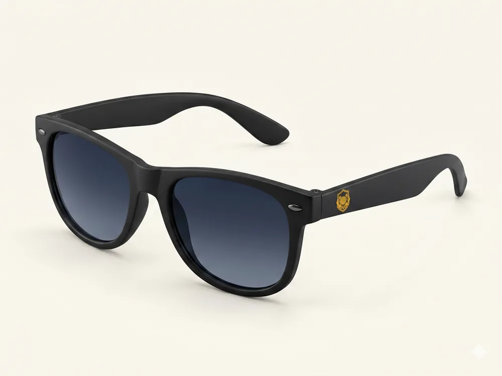 Matte black matchday sunglasses with gold Bafana Vault badge on the arm